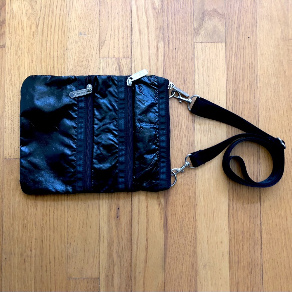 Lesportsac Black Pleather crossbody 3 zip purse